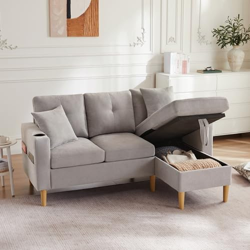 Merax Ecksofa 3-Sitzer Sofa mit Chaiselongue, verstecktem Stauraum und Getränkehalter, Eckcouch in L-Form aus Baumwoll-Leinen, Massivholzkorpus, für Wohnzimmer/Wohnung - Grau, 175 x 129 x 90 cm