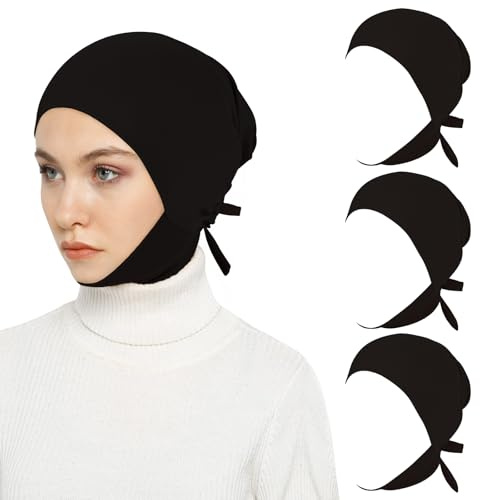 XEPST 3 STÜCK Hijab-Unterkappe für Frauen, Islamische Muslimische Unter-Hijab-Kappe Milchseidenstoff Untertuch Einfarbige Krawatte Rückseite Volle Abdeckung Turbane für Frauen Chemo-Schlafmütze, D