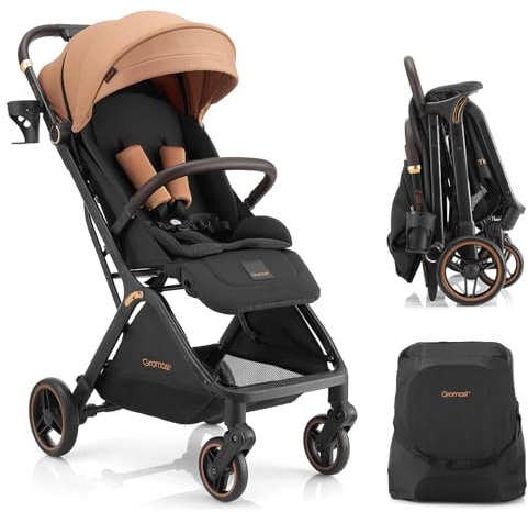 Gromast Gravity faltbarer Baby-Kinderwagen, Tragbarer Reise-Kleinkindbuggy Mit Verstellbarer Rückenlehne & Sonnendach, Leichtgewichtig Und Uv-Geschützt, Einhändig Automatisch Zusammenklappbar, Khaki