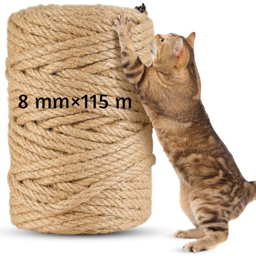 115m Corde pour Arbre à Chat en Sisal Naturel 8mm - Rouleau pour Griffoir, Bricolage DIY, Décoration Maison/Jardin - Corde Arbre à Chat de Remplacement (115 m x 8 mm)