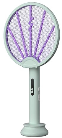 Yctze Raqueta Eléctrica para Matamoscas, 2 en 1 Inteligente con Base Recargable USB, Raqueta Plegable con Malla de Seguridad de 5 Capas para RV, Hogar, Dormitorio, Cocina, Patio, (Green)