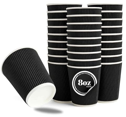 CaterCo 8oz Black Ripple Wall Coffee Cups - 100 Pack Triple Insulated Cups for Hot Drinks, Tea - Recyclable, Black Paper Cups for Cafes, Takeaway, Office, Events - 8oz / 237ml - 50 Pack