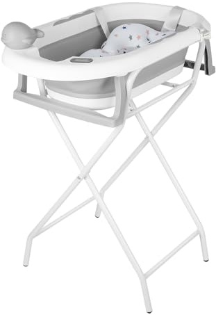 Faltbare Babybadewanne auf Fuß, große faltbare Badewanne mit Ständer, Thermometer, Badematte und Abfluss-Set (Grau, 55 x 40 x 90 cm)