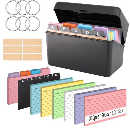 Karteikarten Box,12,5 x 7,5 cm Karteikasten Set, Inkl. 400 Bunte Karteikarten 5 Register 6 Loseblattring 6 Aufkleber, Karteikartenbox Lernkarten für Vokabel Lernen Notizen Schule Büro Zuhause
