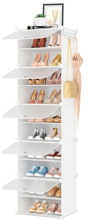 VGOBLO Schuhregal, Schuhschrank Organizer 10 Ebenen, Schuhschrank Schmal Schuhaufbewahrung für 20-22 Paar, Schuhregal Platzsparend Geschlossen mit Türen für Flur Schlafzimmerschrank (Weiß, 1 x 10)