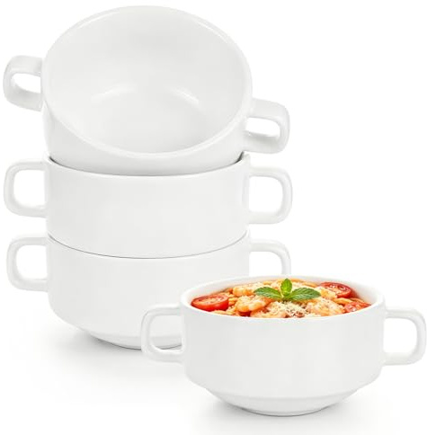 Hioph Ceramic Soup Bowls with Handles, 300ml White Cereal Bowls Set of 4 | French Onion Soup Bowl, Serving Bowl for Breakfast, Oatmeal, Lasagne, Salad, Fruit, Dessert, Oven Microwave Dishwasher Safe