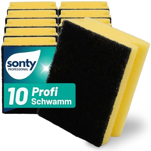 SONTY Spülschwamm Gelb/Schwarz aus Österreich - 10 x Profi Schwamm | Küchenschwamm mit Schleifmittel - Topfreiniger Putzschwamm Küche gegen hartnäckigen Schmutz (9 x 7 x 4 cm - 10 Schwämme)