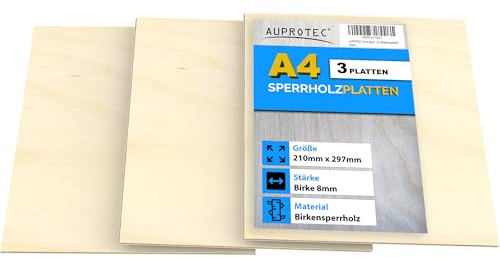 AUPROTEC 3x A4 Sperrholz-Platten Birke 8mm Multiplexplatten (210 mm x 297 mm) Bastel- und Laubsäge-Holzplatten Birke Massiv Multiplex Holz Industriequalität