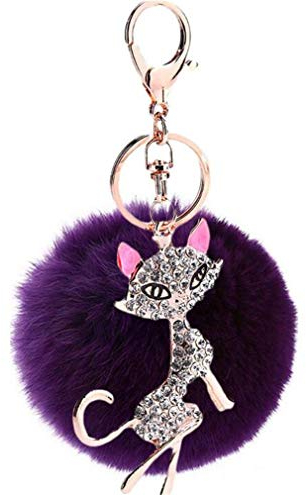Canarea Schlüsselanhänger Pompom Keychain plüsch ball Taschenanhänger strass bommel Pelz-Kugel Auto-Anhänger Weich Schlüsselring Mode Katze mit Strass Anhänger (Lila)