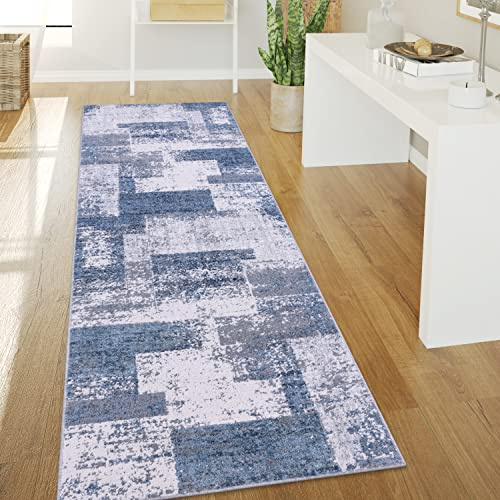 Paco Home Tapis De Salon Poils Ras Tapis Vintage Style Abstrait Moderne Motif Diamant Géométrique, Dimension:80x150 cm, Couleur:Bleu 2