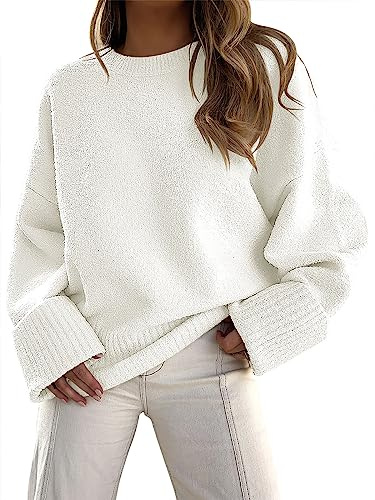 ANRABESS Women's Oversized Sweaters 2025 Long Sleeve Fuzzy Knit Casual Chunky Pullover Sweater Fall Outfits Clothes White Small