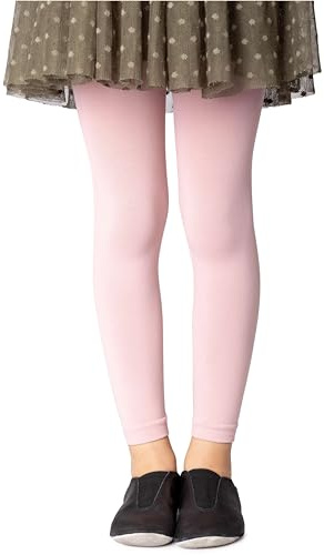 NOQ Collants sans pieds pour filles Leggings pleine longueur Cheville Long Ballet Opaque Microfibre, Powder Pink 6/7 ans (116/122 cm)