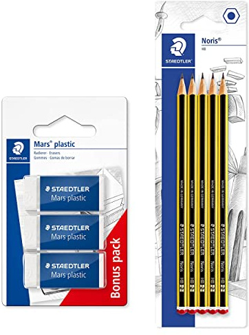 Staedtler 5 Noris Bleistifte und 3 Radierer Mars plastic, phtalat- und latexfrei, geringe Krümelbildung, weiß, geringe Abnutzung