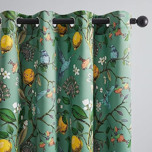 Topfinel Floral Two Pages Curtains 84 Inches Long Drapes,Vintage French Country Grommet Botanical Hummingbird Woodland Jungle Victorian Patterned Sage Green Lemon Drapes for Bedroom Dining Living Room