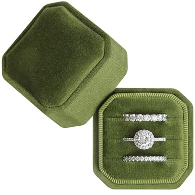 BLUTETE Schmuckkästchen mit 3 Fächern, quadratisch, achteckig, Samt, für Verlobung, Hochzeit, Andenken, Brautschmuck, Fotoring, 3 Fächer, Olivgrün