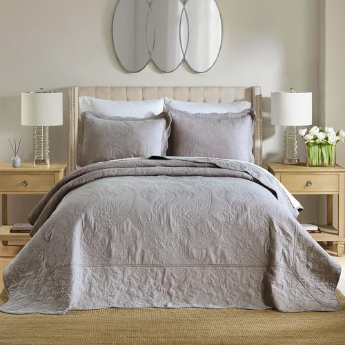 ENASAL Grau Tagesdecke aus Baumwolle 240x260cm,Bettüberwurf 250x270 für Doppelbett Paisley Blumen Muster, Ganzjahresdecke Sofaüberwurf Gesteppte Decke Steppdecke mit 2 Kissenbezug,Grau