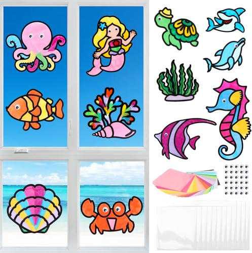MONCAP 12STK Meerestiere Bastelset Kinder Meer Basteln Ocean Fenster Kreative DIY Papierbastelset Meer Kunsthandwerk mit Meerjungfrauen Muscheln für Jungen Mädchen Kindergeburtstag Sommer Party Deko