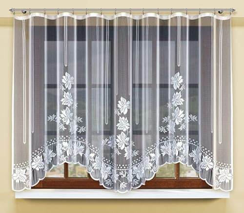 Gardinen Vorhangen Weiß 300x160 cm (BxH) Prmera Stores Gardinen mit Kräuselband Kurz Jacquard Scheibengardine Wohnzimmer Vorhänge Fertiggardine Küchengardinen Bogen Kurzstores Blumen Muster