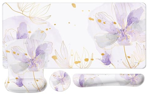 MOSISO Set Tappetini Desk,Tastiera&Mouse,Grande Tappetino Mouse Gioco,Poggiapolsi Tastiera&Mouses Poggiapolsi&Sottobicchiere,Mat Mouses Ergonomico Non-Slip Ink Petals Memory Foam Casa Ufficio, Viola
