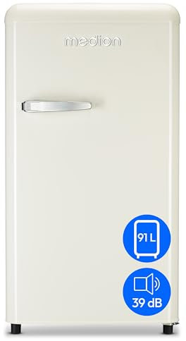 MEDION Retro Kühlschrank (91 Liter, 91cm Höhe (höhenverstellbare Füße), höhenverstellbare Glasablagen, transparente Gemüseschublade, freistehend, Türanschlag rechts, Metall Türgriff, MD37800) cream