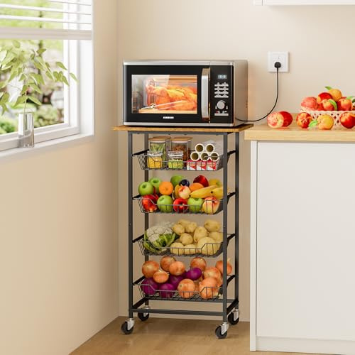 ThreeHio Kitchen Microwave Cart with Fruit Baskets, 5 Tier Microwave Table Stand with Fruit Vegetable Storage Small Rolling Cart on Wheels, Floor Organizers and Storage for Pantry Kitchen, Living Room