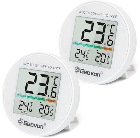 Geevon Termómetro digital mini para frigorífico, IP65, resistente al agua, termostato interior con pantalla LCD, soporte magnético para grabación máxima y mínima, con pilas (8724-WH-2)