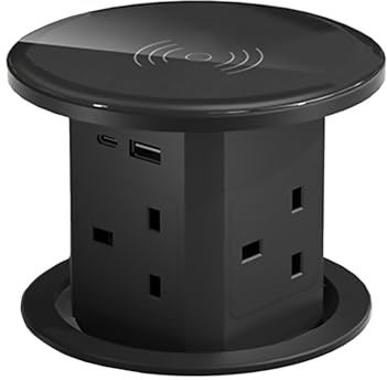 Pop up Socket, Automatic Pop up Extension Socket with 15W Wireless Charging, 4 UK Plugs, USB-A, 20W Type-C Port, Safe Power Solution for Home Office Worktops Desktop(13A/90-260V)