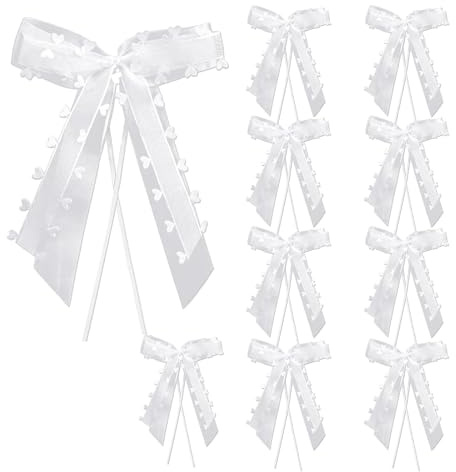 Yuannee Autoschleifen Hochzeit,10 PCS Auto Deko Schleifen Hochzeitsauto Schleife Mit Herzen Spitze Hochzeitsdeko Schleifenband Hochzeitsschleifen für Hochzeit Party Weiß (13×25 cm)