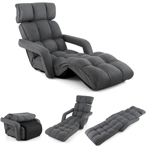 COSTWAY Fauteuil Convertible 1 Place Adulte avec Appui-tête, Fauteuil de Sol Dossier Réglable 6 Positions 16°-107°, Chauffeuse Convertible avec Repose-Pieds, 196 x 72 x 19,5 cm, Gris Foncé