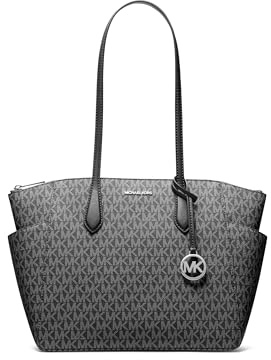 Michael Kors Marilyn Damen Tragetasche mit Reißverschluss oben, mittelgroß, mit Reißverschluss oben, Silberfarbene Hardware/Mk Signature/Schwarz, Medium