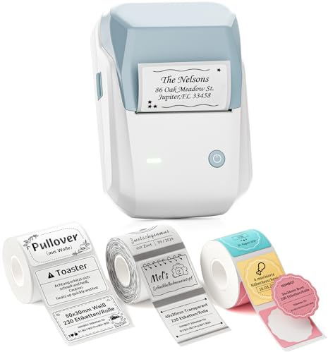 NIIMBOT B1 Etikettendrucker mit 3 Rollen Wasserfester Etiketten, Blau | Bluetooth Label Printer Tragbarer Beschriftungsgerät Aufkleber Drucker für Schulbedarf, Barcode, Adresse