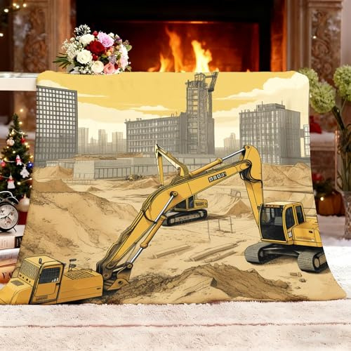 Genérico Mantas para Cama 90 de Franela Dibujos Animados PatróN de Excavadora Manta Polar para Sofa Extra Suave para Sofá Viajes Niños Amarillo Cobijas de Regalo para Mujer y Hombre 130x150 cm XL