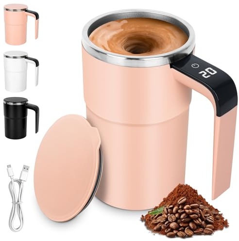Mineup Tazza Automescolante, 380 ml Tazza da Caffè Magnetica Automatica, Tazza Caffe per Agitazione Automatica con Indicatore di Temperatura, per Latte, Cacao, Caffè, Ufficio, Casa, Viaggio (Rosa)