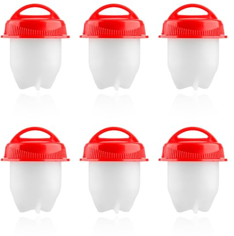 Lotsdonxia 6 Pcs Silicone Egg Cooker Set, Non-Stick Poacher Cups for Boiling and Steaming, Easy-Release Egg Boiler for Quick Breakfast Meals, Reusable Kitchen Gadget, Translucent with Red Lids