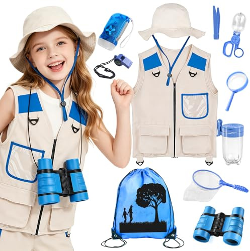 Xerteam Set de investigador para niños, 11 unidades, disfraz de safari con sombrero de explorador, chaleco, binoculares, red de mariposas, equipo de camping para niños de 3 a 10 años, juguete de