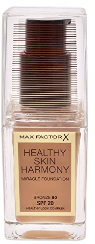 Max Factor Healthy Skin Harmony Foundation Bronze 80 – Flüssig Make-up für die perfekte Grundierung – Feuchtigkeitsspendend für die Haut – 1 x 30 ml