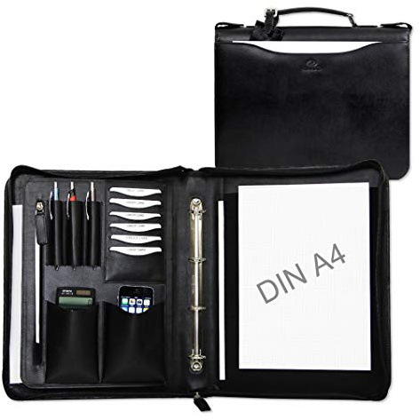 ALMADIH Leder A4 Aktenmappe mit Reißverschluss, Tragegriff und Ringmechanik Premium Rindsleder SCH Onyx - Ledermappe Mappe Konferenzmappe Dokumentenmappe Schreibmappe Organizer Tagungsmappe (Schwarz)