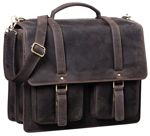 STILORD 'Fernando' Ledertasche Aktentasche Vintage Große Umhängetasche für Lehrer Business Laptoptasche Trolley Aufsteckbar Echtes Leder, Farbe:dunkel - braun