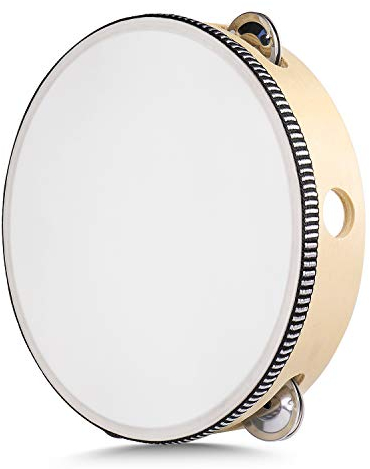 Flexzion Tamburin, Handtrommel mit Handgriff - 20cm, Schellenkranz in Mond-Form aus Holz, Musik Schlaginstrument, 1-reihige Schellenring mit 5 Paar Metall Schellen, Schlagzeug für KTV & Party, Beige