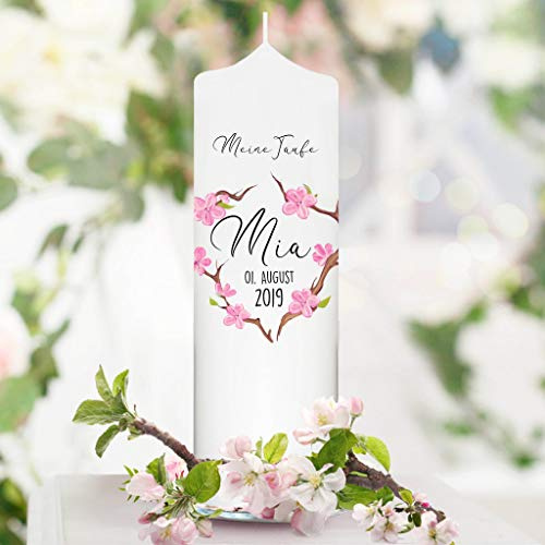 Wandtattoo Loft Taufkerze Blumenkranz mit rosa Blüten und Wunschdaten - Kerze zur Taufe, Geburt oder Kommunion – weiß 25 x 7 cm mit Name, Datum, / Taufkerze 25 x 7 cm (ohne Taufspruch)