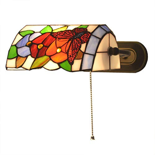 Tiffany Wandlampe mit Zugschalter Leselicht Retro Wandleuchte Landhausstil Banker Lampe, Schlafzimmer Nachttischlampe Glasmalerei Lampenschirm,für Wohnzimmer Studieren Loft Esszimmer,E27 MAX60W