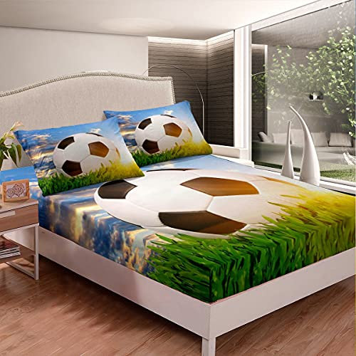 Juego de Cama de fútbol sobre Hierba para niñas y niños, con Tema de Deportes, sábana Bajera Decorativa con patrón de Pelota de fútbol, Juego de Cama para Juegos competitivos, tamaño King 3 Unidades