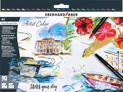 Eberhard Faber 558224 Artist Color sketch markör set med 24 färger, fiberpenna med dubbel spets, i kartongfodralet, för att rita, skissa och illustrera, olika