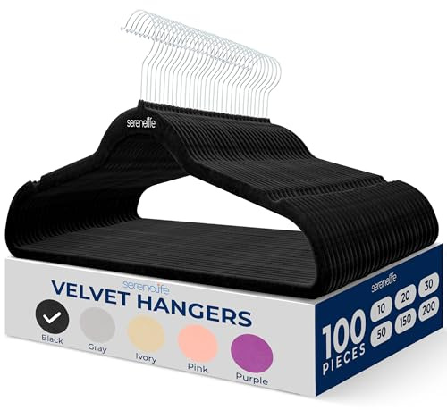 SereneLife Perchas, Ropa de Terciopelo, Antideslizantes, Finas y Suaves, 50 Piezas con Gancho Giratorio de 360°, Color Negro