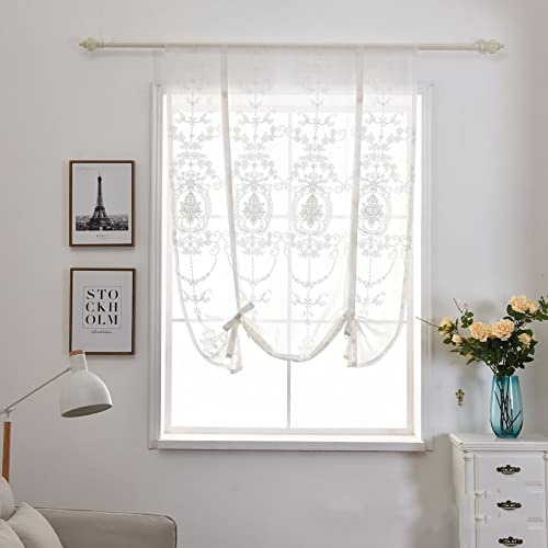 Devola Landhausstil Raffrollo transparent Garn Raffgardinen Blumenmuster Stickerei Gardine tageslicht Raffgardine mit Kordelzug Modern Küchen Rollo Schlaufenschal BxH 100x120cm Weiß 1er Pack