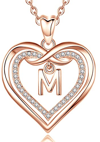 AEONSLOVE Kette mit Buchstaben Gold Namen Halskette Damen mit Buchstaben Rosegold Herz Initialen Anhänger mit Zirkonia Alphabet Charm Kupfer Schmuck für Frauen Mädchen
