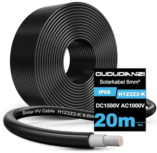 Oududianzi Solarkabel 6mm2 20m, H1Z2Z2-K Solarkabel Verlängerung 10/15/20/30m, Photovoltaik Kabel, PV Kabel, Verlängerungskabel für Solarpanel, Wechselrichter und Laderegler (20m 6mm², Schwarz)