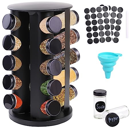 Yunkctuk 360° Drehbares Gewürzregal, Gewürz Organizer mit 20 Gewürzdosen, Etiketten, Stift, Trichter, Deckel, Edelstahl Gewürzregale, Gewürzaufbewahrung für Küchenarbeitsplatte oder Schrank, Schwarz