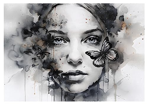 Fototapete Frau Gesicht Betonwand Schmetterlinge Grau - inkl. Kleister - für Wohnzimmer Schlafzimmer Flur Vlies Tapete Wandtapete Vliestapete Motivtapeten Montagefertig (312x219 cm)