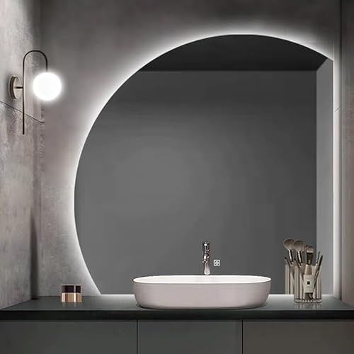 Mode Halbkreis LED Wandspiegel Für Badezimmer,Geformter Eitelkeitsspiegel,Unregelmäßiger Rahmenloser Smart Touch Spiegel,Dreifarbiges Licht,Helligkeit Einstellbar(Size:70cm,Color:Rechter Unterschnitt)